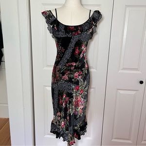 Betsey Johnson Vintage Floral Velvet Ruffle Off Shoulder Dress